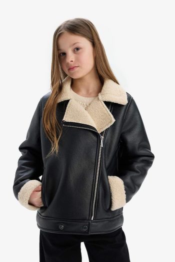 Girls' Water-Resistant Faux Leather Jacket with Plush Lining
