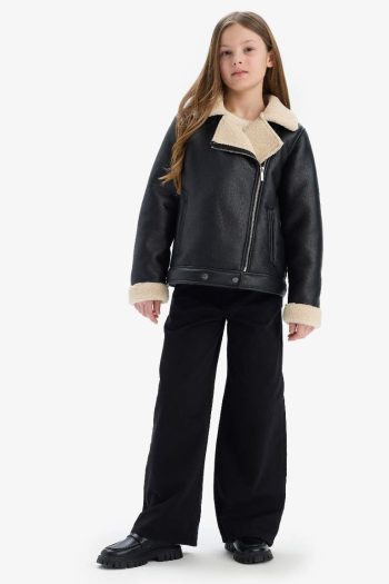 Girls' Water-Resistant Faux Leather Jacket with Plush Lining