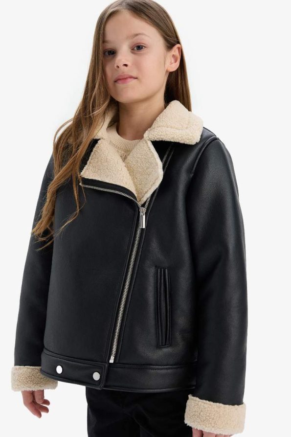 Girls' Water-Resistant Faux Leather Jacket with Plush Lining