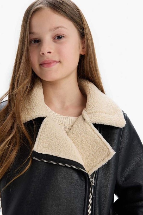 Girls' Water-Resistant Faux Leather Jacket with Plush Lining