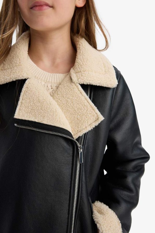 Girls' Water-Resistant Faux Leather Jacket with Plush Lining