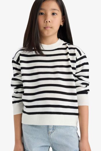Girls' Standard Fit Striped Knit Sweater