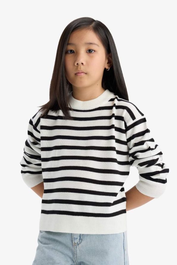 Girls' Standard Fit Striped Knit Sweater