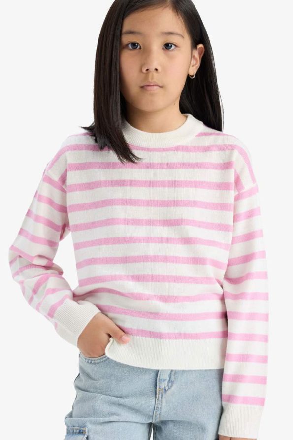 Girls' Standard Fit Striped Crew Neck Knit Sweater