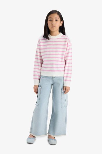 Girls' Standard Fit Striped Crew Neck Knit Sweater