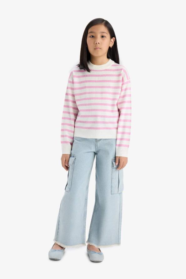 Girls' Standard Fit Striped Crew Neck Knit Sweater