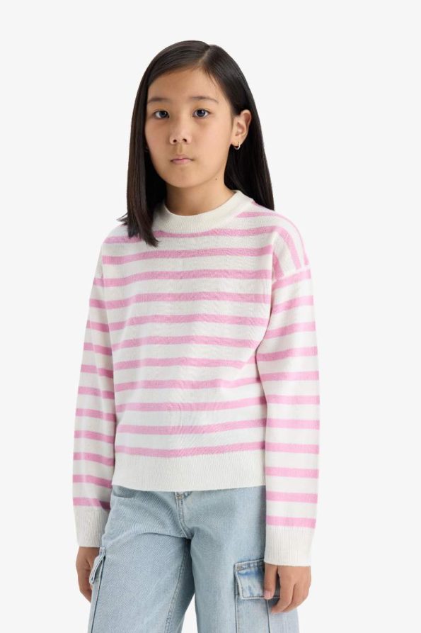 Girls' Standard Fit Striped Crew Neck Knit Sweater