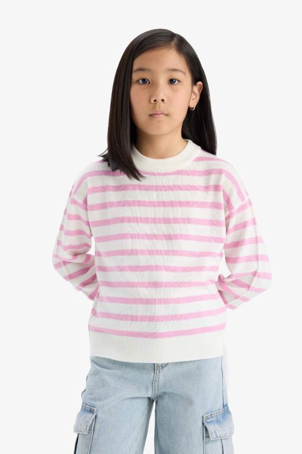 Girls' Standard Fit Striped Crew Neck Knit Sweater