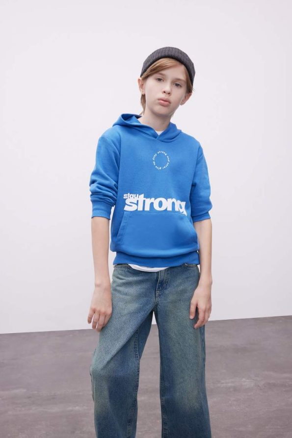 Boys' Blue Printed Pocket Hoodie School Sweatshirt