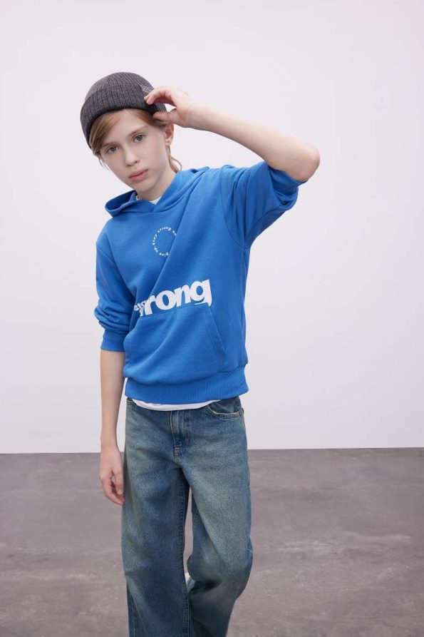 Boys' Blue Printed Pocket Hoodie School Sweatshirt
