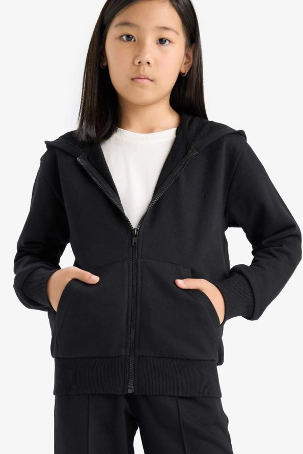 Girls' Basic Plain Hooded School Zip-Up Sweatshirt