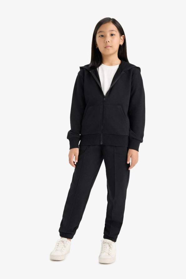 Girls' Basic Plain Hooded School Zip-Up Sweatshirt