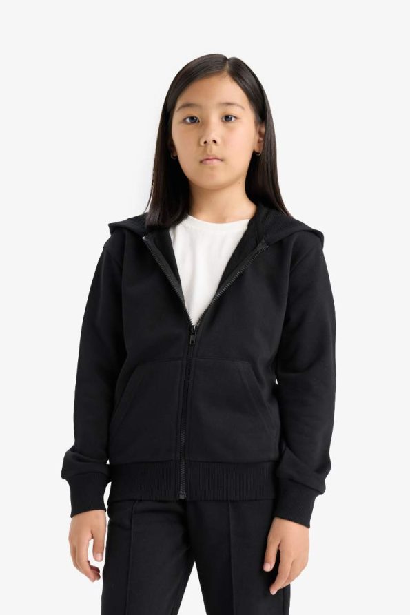 Girls' Basic Plain Hooded School Zip-Up Sweatshirt