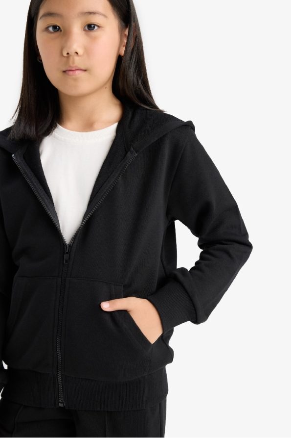 Girls' Basic Plain Hooded School Zip-Up Sweatshirt