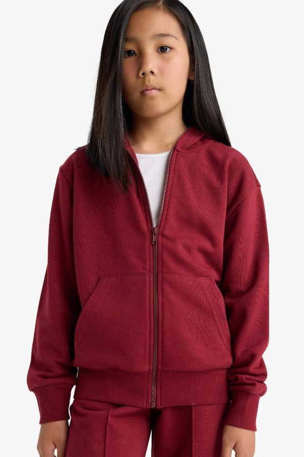 Girls' Basic Solid Hooded School Zip Sweatshirt