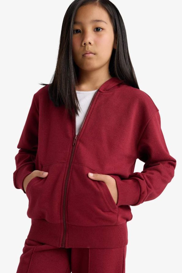 Girls' Basic Solid Hooded School Zip Sweatshirt