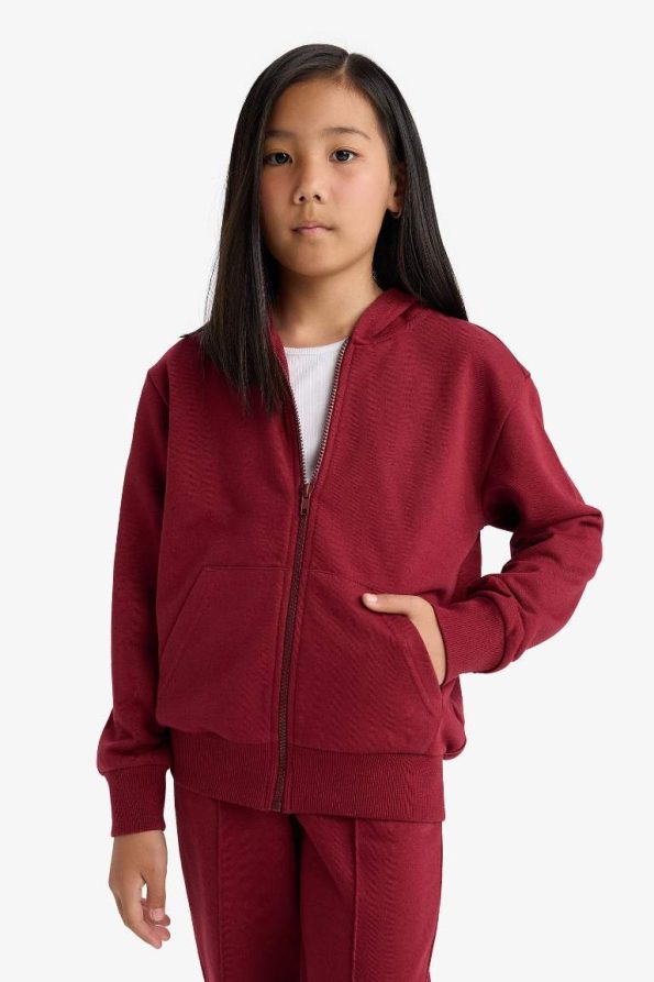 Girls' Basic Solid Hooded School Zip Sweatshirt