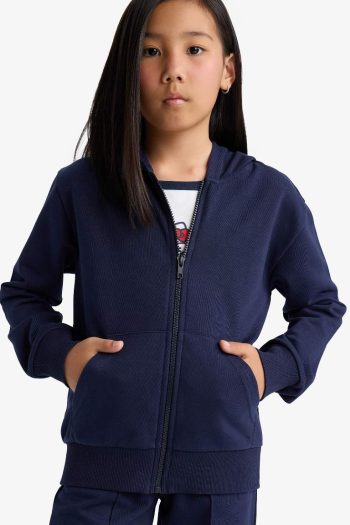 Girls' Basic Solid Hooded School Zip-Up Sweatshirt