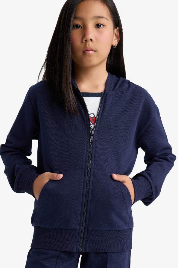 Girls' Basic Solid Hooded School Zip-Up Sweatshirt