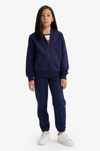 Girls' Basic Solid Hooded School Zip-Up Sweatshirt
