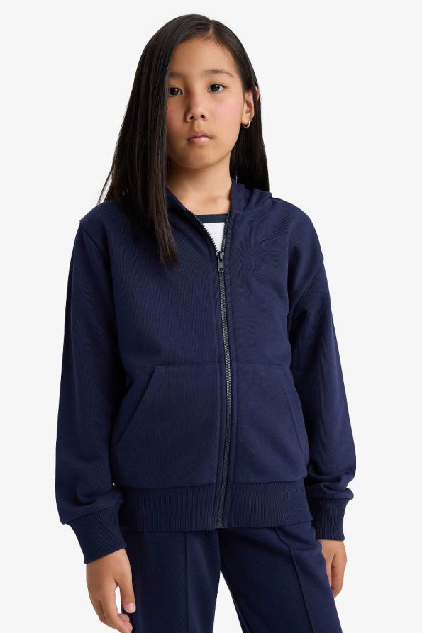 Girls' Basic Solid Hooded School Zip-Up Sweatshirt