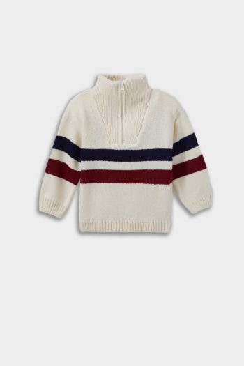 Boys' Striped Knit Sweater with Zippered Stand Collar