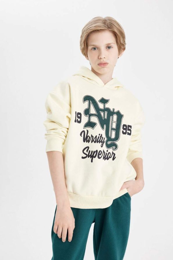 Boys' Oversized Hooded Printed School Sweatshirt