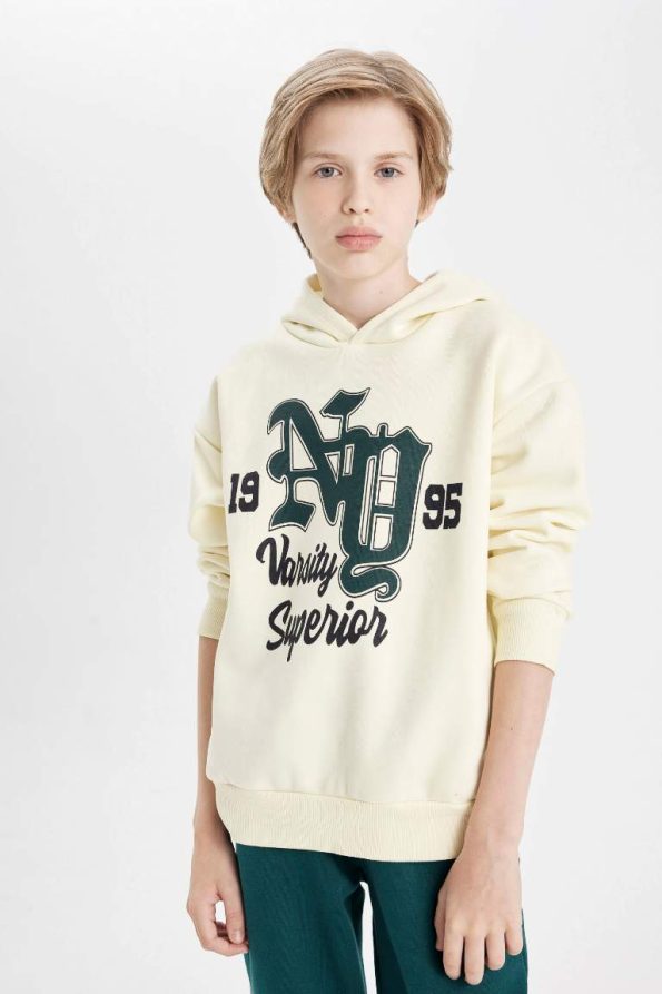 Boys' Oversized Hooded Printed School Sweatshirt