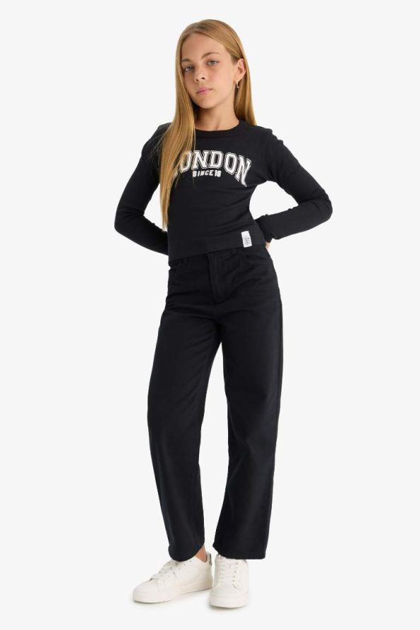 Girls' Straight Fit Wide Leg Pocket Cotton School Pants