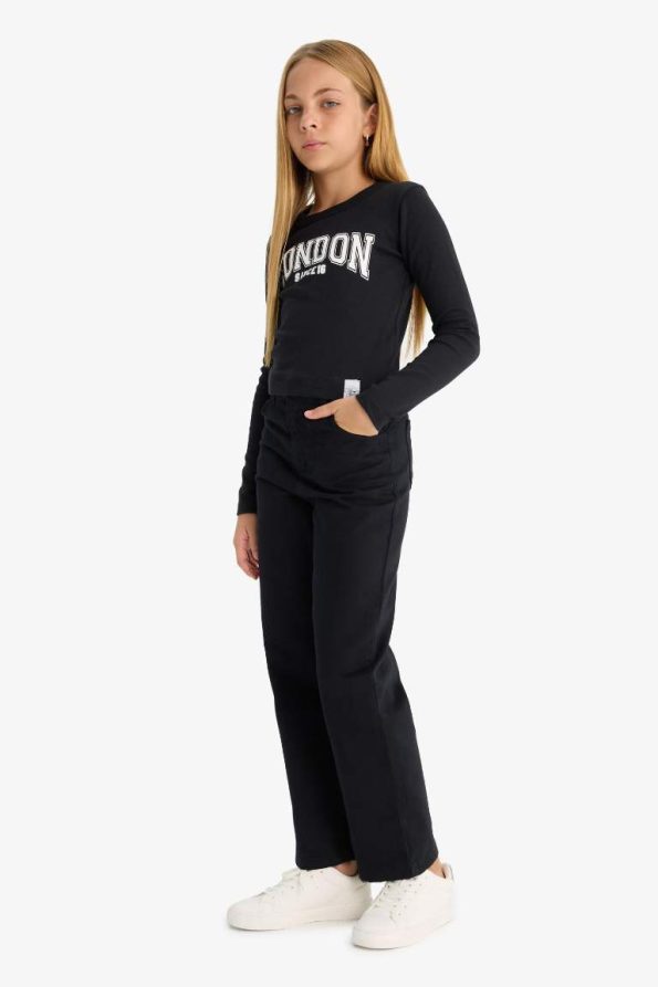 Girls' Straight Fit Wide Leg Pocket Cotton School Pants