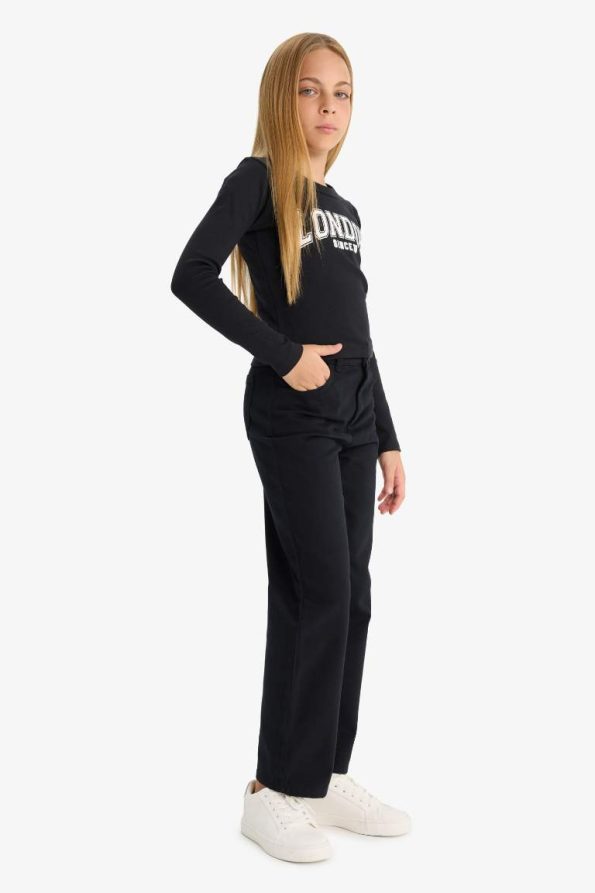 Girls' Straight Fit Wide Leg Pocket Cotton School Pants