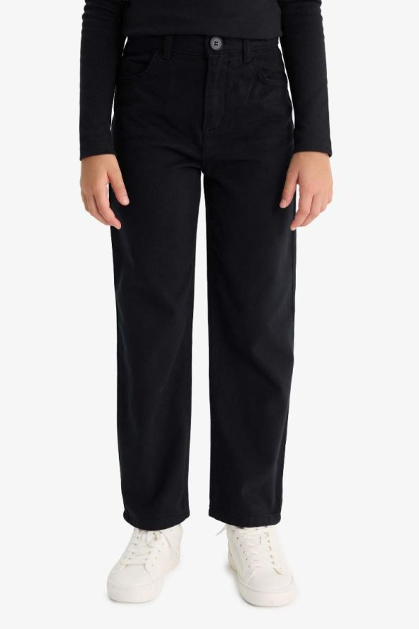 Girls' Straight Fit Wide Leg Pocket Cotton School Pants