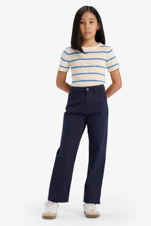 Girls' Straight Fit Wide Leg Pocket Cotton School Trousers