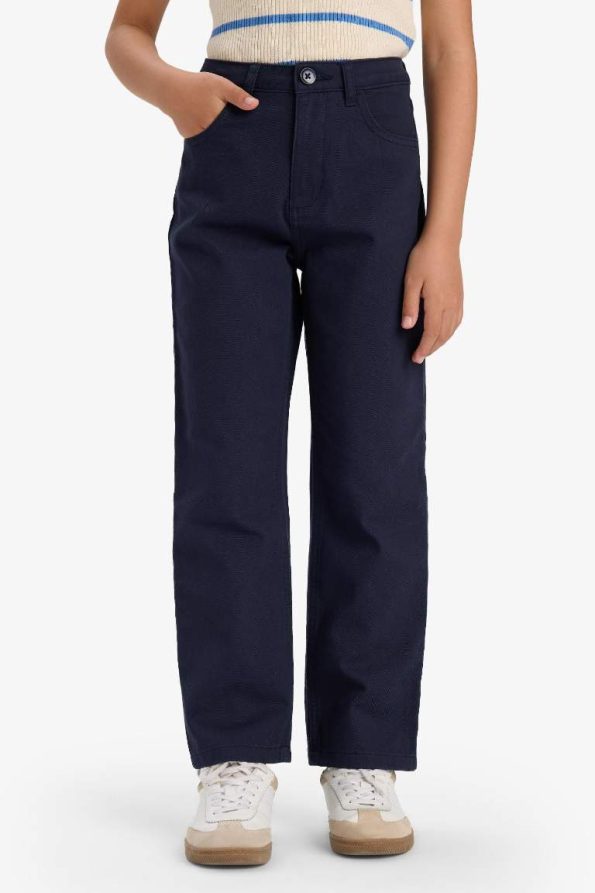 Girls' Straight Fit Wide Leg Pocket Cotton School Trousers