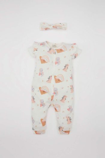 Newborn Baby Girl 2-Piece Dinosaur Print Short Sleeve Waffle Romper Set with Bandana