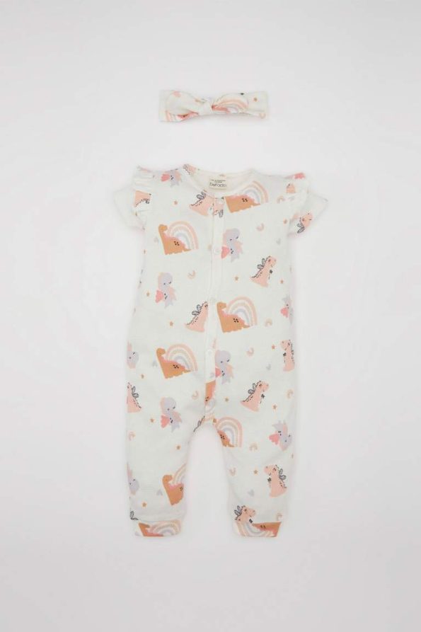 Newborn Baby Girl 2-Piece Dinosaur Print Short Sleeve Waffle Romper Set with Bandana