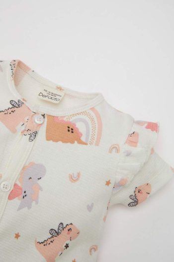 Newborn Baby Girl 2-Piece Dinosaur Print Short Sleeve Waffle Romper Set with Bandana