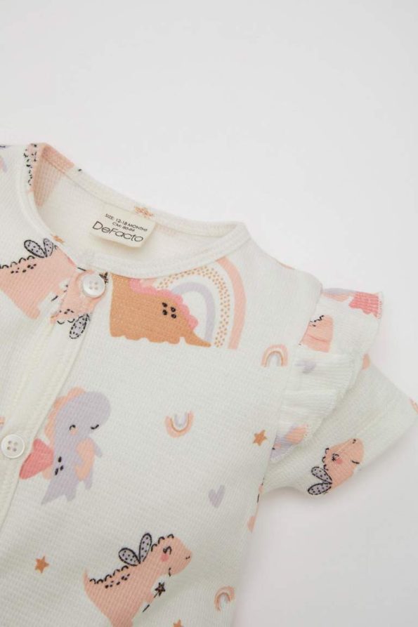 Newborn Baby Girl 2-Piece Dinosaur Print Short Sleeve Waffle Romper Set with Bandana