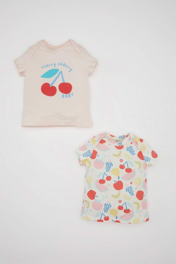 Baby Girl Newborn Envelope Collar Fruit Patterned Cotton T-Shirt Set