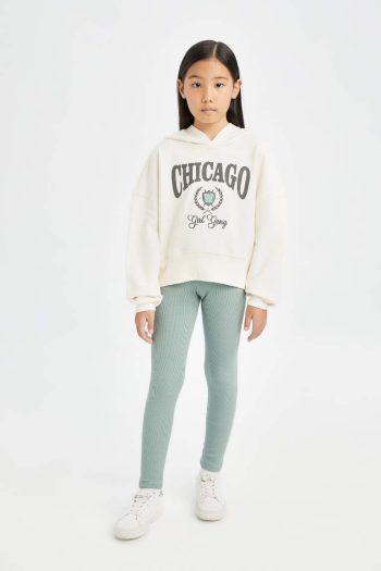 Girls' Hooded Printed Sweatshirt and Ribbed Leggings Set