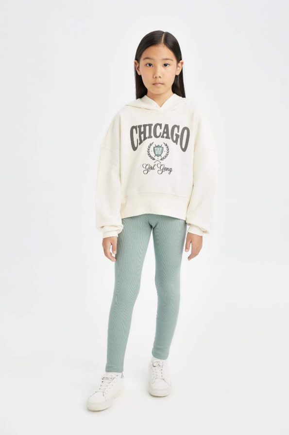 Girls' Hooded Printed Sweatshirt and Ribbed Leggings Set