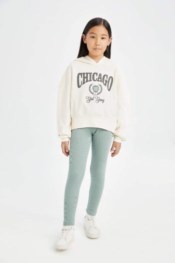 Girls' Hooded Printed Sweatshirt and Ribbed Leggings Set