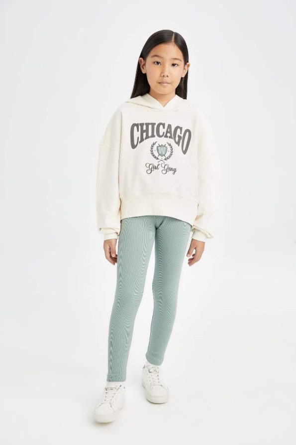 Girls' Hooded Printed Sweatshirt and Ribbed Leggings Set