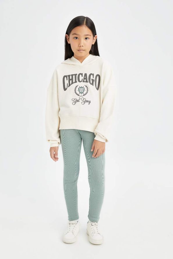 Girls' Hooded Printed Sweatshirt and Ribbed Leggings Set