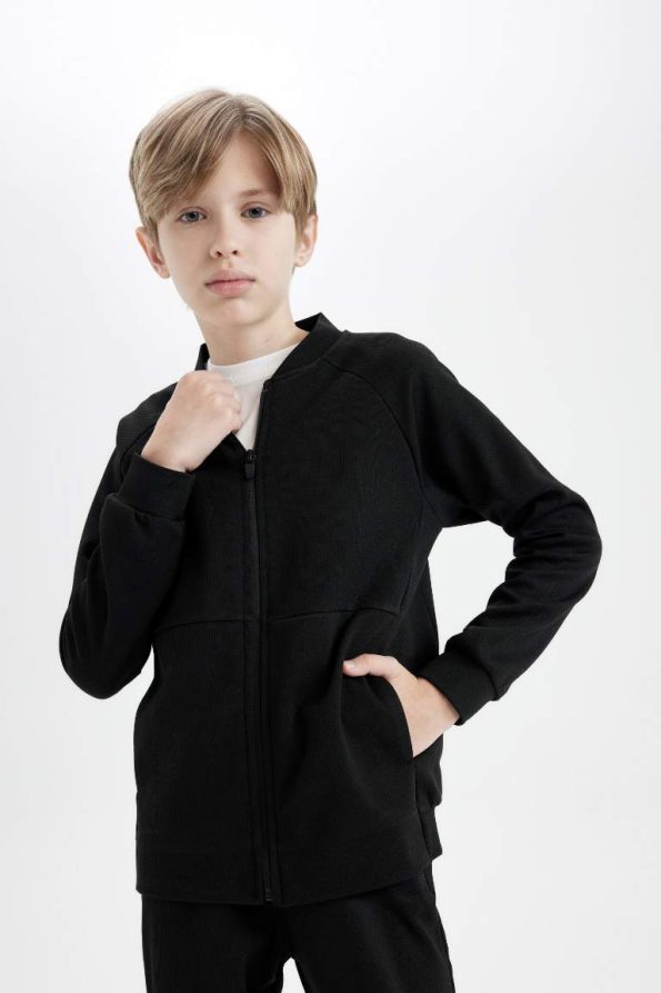 Boys' College Collar Zip-Up Lightweight Bomber Jacket with Dual Pockets