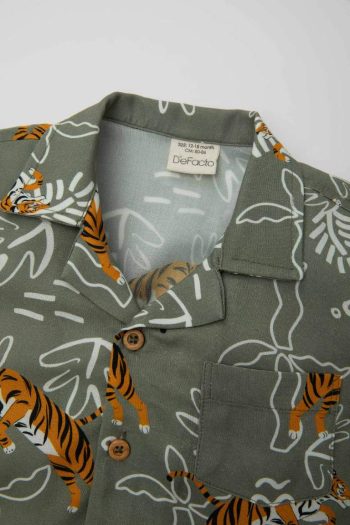 Boys' Short Sleeve Shirt with Patterned Mandarin Collar