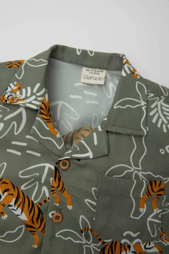 Boys' Short Sleeve Shirt with Patterned Mandarin Collar