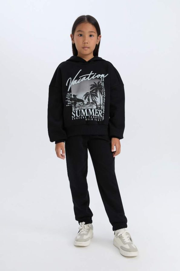 Girls' Hooded Printed Sweatshirt and Elastic Waist Jogger Set