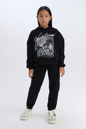 Girls' Hooded Printed Sweatshirt and Elastic Waist Jogger Set
