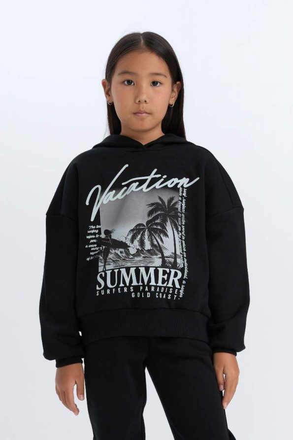 Girls' Hooded Printed Sweatshirt and Elastic Waist Jogger Set